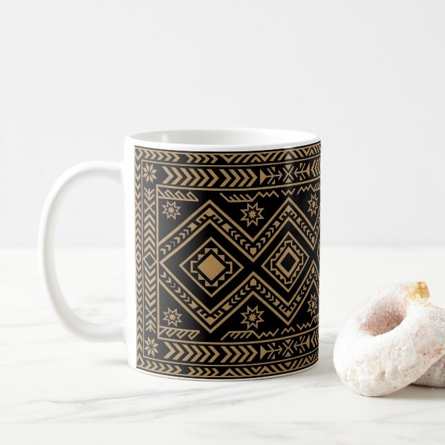 Intricate Black Gold Geometric Surface Pattern Coffee Mug (With Donut)
