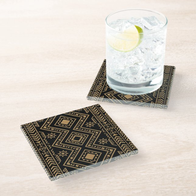 Intricate Black Gold Geometric Surface Pattern Glass Coaster (Angled)