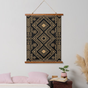 Intricate Black Gold Geometric Surface Pattern Hanging Tapestry