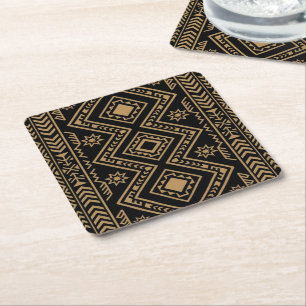 Intricate Black Gold Geometric Surface Pattern Square Paper Coaster