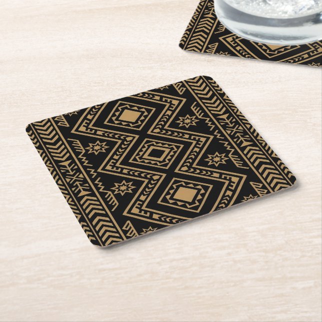 Intricate Black Gold Geometric Surface Pattern Square Paper Coaster (Angled)