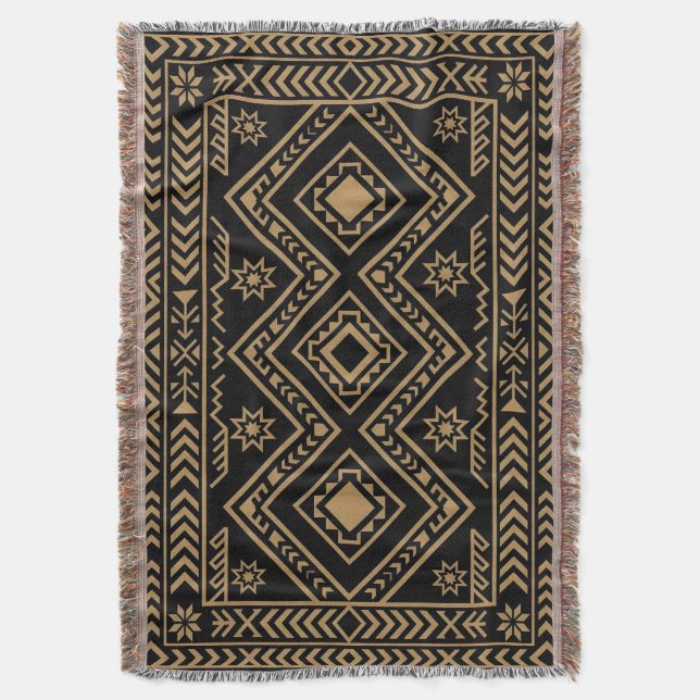 Intricate Black Gold Geometric Surface Pattern Throw Blanket (Front Vertical)