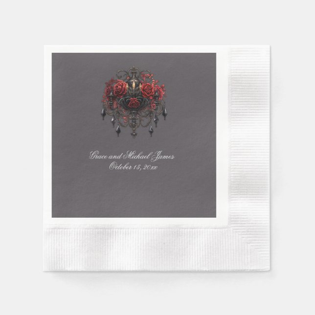 Intricate Black Gothic Chandelier With Roses Napkin (Front)