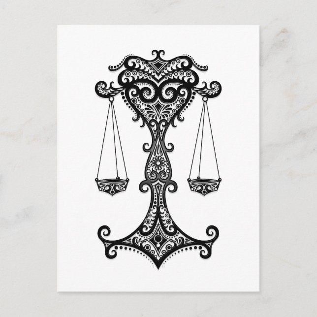 Intricate Black Libra Zodiac on White Postcard (Front)