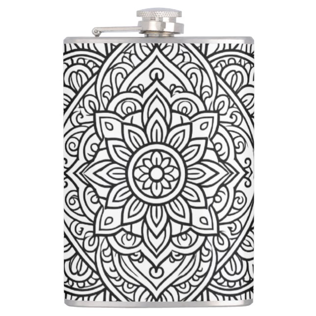 Intricate Black Line Mandala Art Hip Flask (Front)