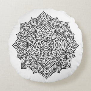 Intricate Black Line Mandala Art Round Cushion