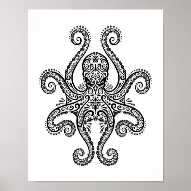 Intricate Black Octopus on White Poster (Front)