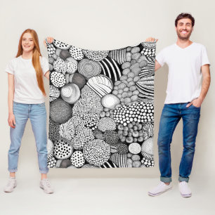Intricate Black White Abstract Lines Shapes Fleece Blanket