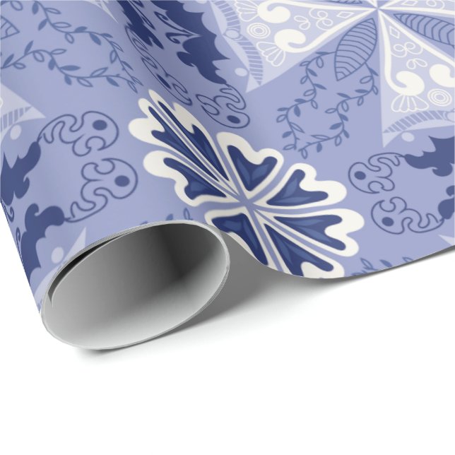 Intricate blue and white geometric pattern wrapping paper (Roll Corner)