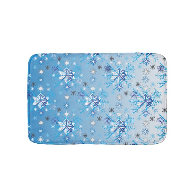 Intricate blue and white stars and snowflakes bath mat (Front)