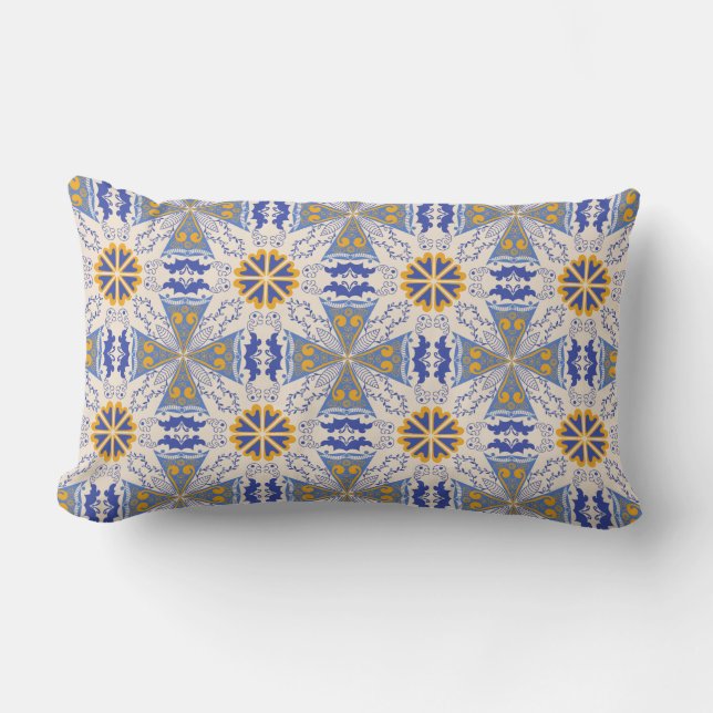 intricate blue and yellow geometric patterns lumbar cushion (Front)