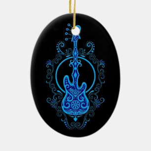 Intricate Blue Bass Guitar Design on Black Ceramic Tree Decoration