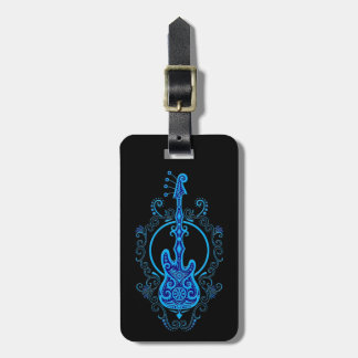 Intricate Blue Bass Guitar Design on Black Luggage Tag