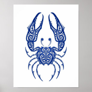 Intricate Blue Cancer Zodiac on White Poster