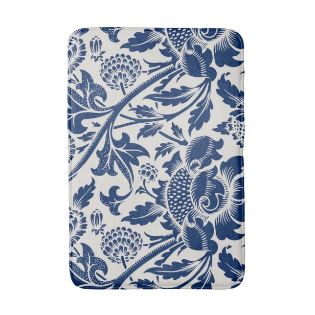 Intricate blue floral pattern on light background bath mat (Front Vertical)