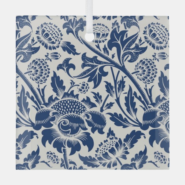 Intricate blue floral pattern on light background glass tree decoration (Front)