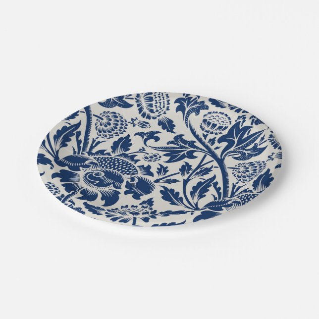 Intricate blue floral pattern on light background paper plate (Angled)