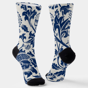 Intricate blue floral pattern on light background socks