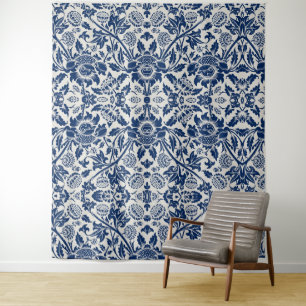 Intricate blue floral pattern on light background tapestry
