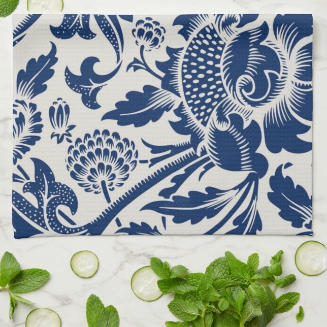 Intricate blue floral pattern on light background tea towel (Folded)