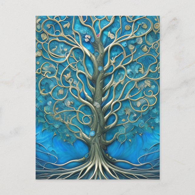 Intricate Blue Floral Tree of Life Graphic Postcard (Front)