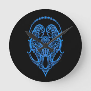 Intricate Blue Gemini Zodiac on Black Round Clock
