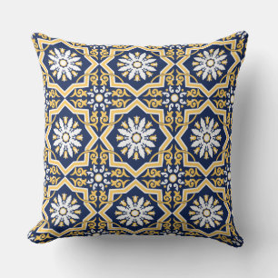 Intricate blue gold white arabesque tile Moroccan  Cushion
