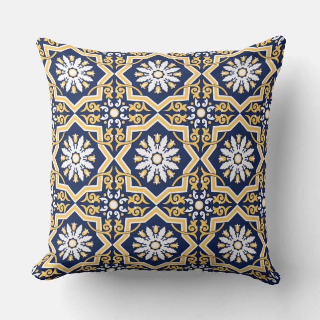 Intricate blue gold white arabesque tile Moroccan  Cushion (Front)