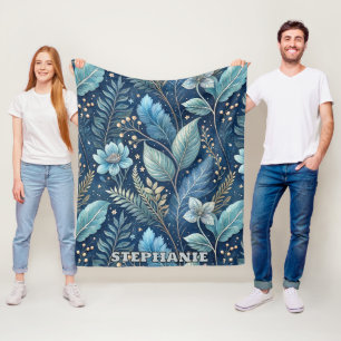 Intricate Blue & Green Botanical -Starry Dark Blue Fleece Blanket