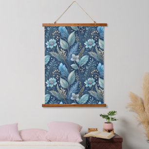 Intricate Blue & Green Botanical -Starry Dark Blue Hanging Tapestry