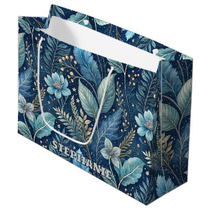 Intricate Blue & Green Botanical -Starry Dark Blue Large Gift Bag