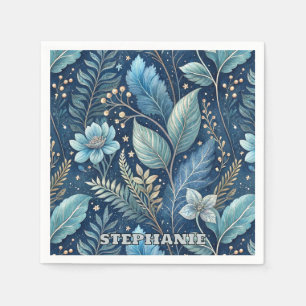 Intricate Blue & Green Botanical -Starry Dark Blue Napkin