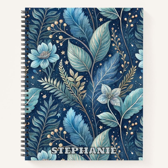 Intricate Blue & Green Botanical -Starry Dark Blue Notebook (Front)