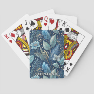 Intricate Blue & Green Botanical -Starry Dark Blue Playing Cards
