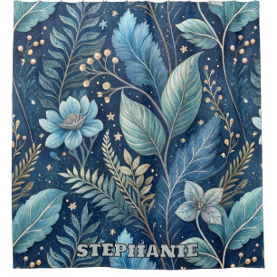 Intricate Blue & Green Botanical -Starry Dark Blue Shower Curtain