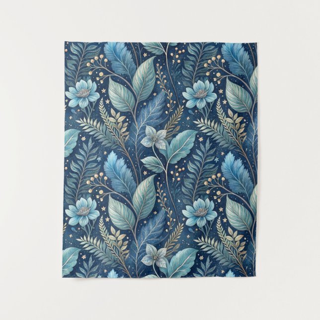 Intricate Blue & Green Botanical -Starry Dark Blue Tapestry (Front)