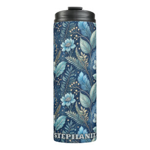 Intricate Blue & Green Botanical -Starry Dark Blue Thermal Tumbler