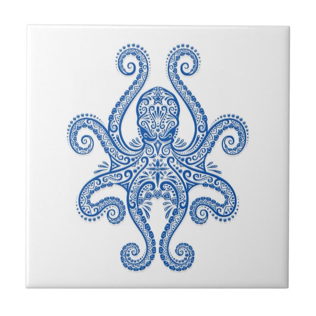 Intricate Blue Octopus Ceramic Tile (Front)