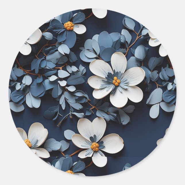 Intricate Blue Petal Pattern Classic Round Sticker (Front)