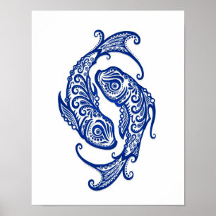 Intricate Blue Pisces Zodiac on White Poster