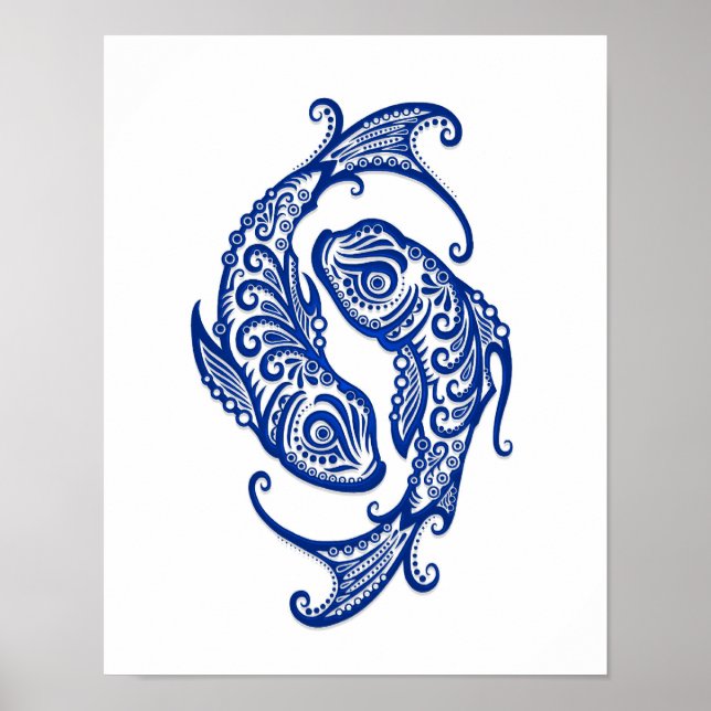 Intricate Blue Pisces Zodiac on White Poster (Front)