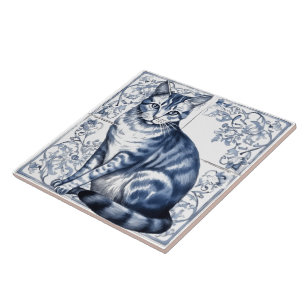Intricate Blue Rustic Indigo Cat Tiles on Wall