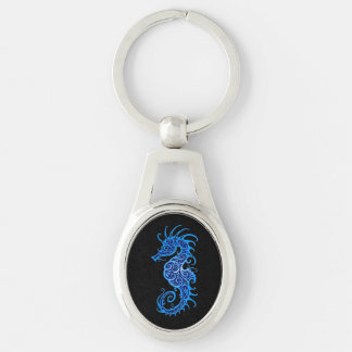 Intricate Blue Seahorse Design on Black Key Ring