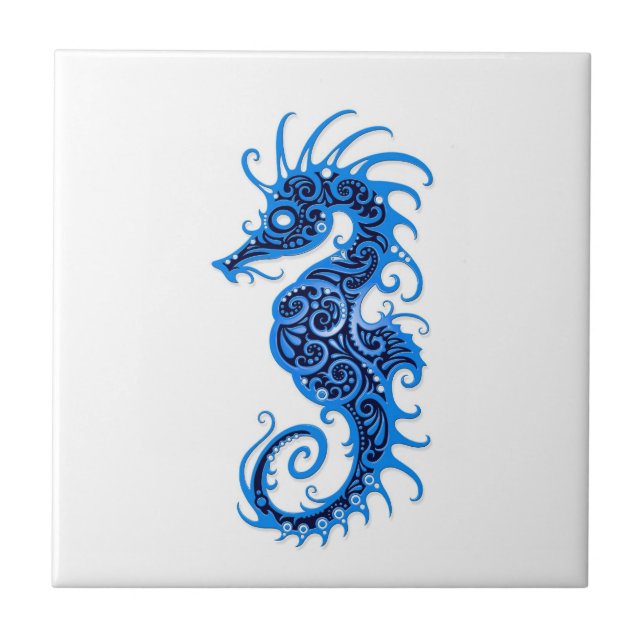 Intricate Blue Seahorse Design on White Ceramic Tile (Front)