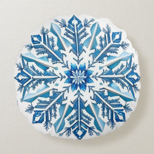Intricate Blue Snowflake Design Round Cushion