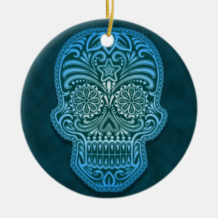 Intricate Blue Sugar Skull Ceramic Tree Decoration