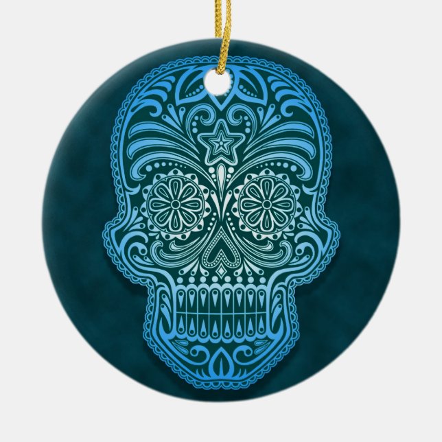 Intricate Blue Sugar Skull Ceramic Tree Decoration (Front)