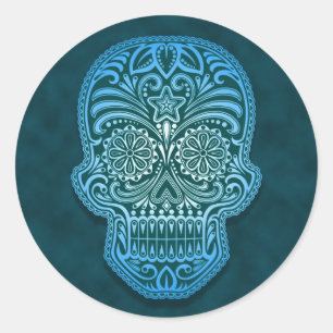 Intricate Blue Sugar Skull Classic Round Sticker