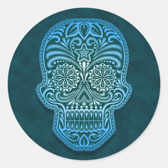 Intricate Blue Sugar Skull Classic Round Sticker (Front)