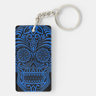 Intricate Blue Sugar Skull on Black Key Ring